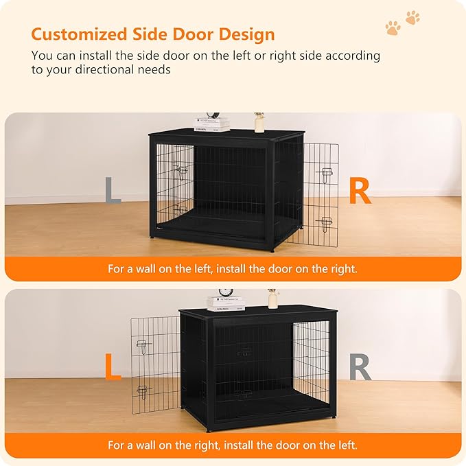 DWANTON Dog Crate Furniture with Cushion, Wooden Kennel Table with Double Doors, Indoor Dog House, Extra Large Size, 43.3" L, Black-PurrikoPets