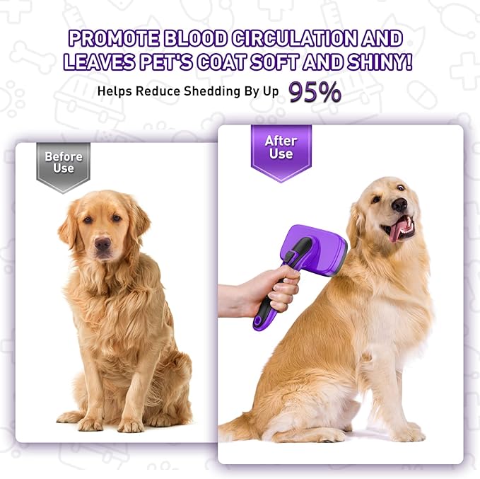 Dogs Cats Self Cleaning Slicker Brush for Shedding & Grooming Any Breed of Pets, Removes Loose, Undercoat, Mats, Tangled Hair for Small Medium Large Animal With Long Short Fur Length, Purple-PurrikoPets