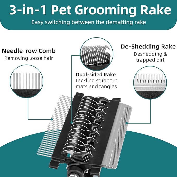 3-IN-1 Pet Grooming Tool - Undercoat Rake, Dematting Comb & Deshedding Brush for Cats & Dogs - Removes Mats, Tangles & Loose Fur, Reduces Shedding & Prevents Hair Mess (Blue)-PurrikoPets