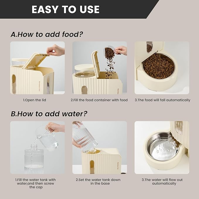 Gardner Pet Gravity Automatic 2-in-1 Pet Feeder, 0.8 Gallons*2 Cat Feeder and Water Dispenser Set, 100% BPA-Free Feeder and Stainless Steel Water Dispenser for Dogs, Cats, Rabbits, Puppies (Beige)-PurrikoPets
