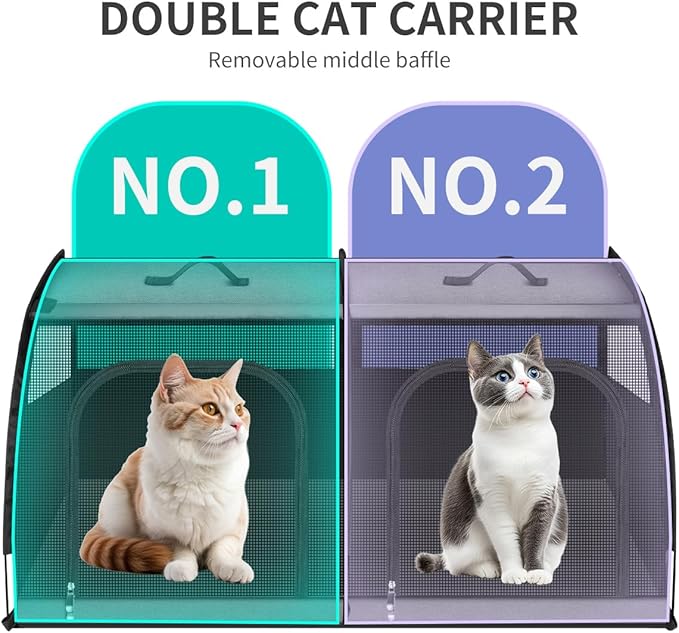 Double Cat Car Travel Carrier, Twin Compartment Show House Cat Cage/Condo，Portable Pet Crate for 2 Cats Travel Double Dog Crate Set for Long Distance Travel-PurrikoPets