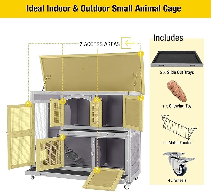 Aivituvin 47" Two Story Rabbit Hutch Bunny Cage with Wheels, Indoor Outdoor Guinea Pig Cage with 2 Deep No Leak Tray-PurrikoPets