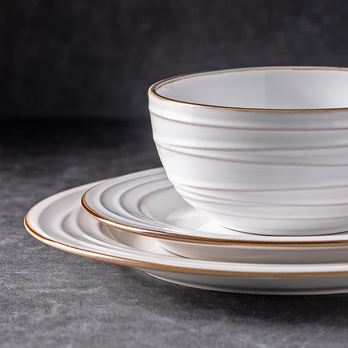 GBHOME Ceramic Dinnerware Sets, 24 pcs Embossed Elegant Stoneware Plates and Bowls Sets, Housewarming Wedding Gift | Dishwasher & Microwave Safe | Dishes Set Service for 8-PurrikoPets