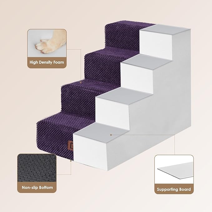 EHEYCIGA Dog Stairs for Bed 18" H, 4-Step Dog Steps for High Bed, Pet Steps for Small Dogs and Cats, Non-Slip Balanced Pet Ramp Indoor, Purple-PurrikoPets