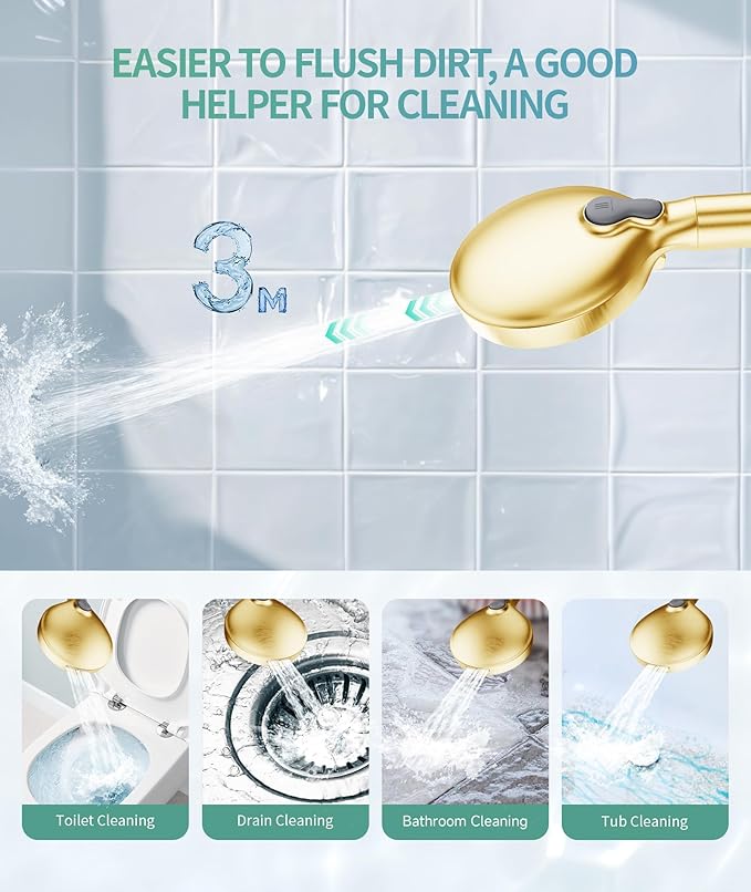 Filtered Shower Head with Handheld, High Pressure 9 Spray Mode Brushed Gold Showerhead with 4 Filters, Detachable Shower Head, Water Softener Filters Beads for Hard Water - Remove Chlorine-PurrikoPets