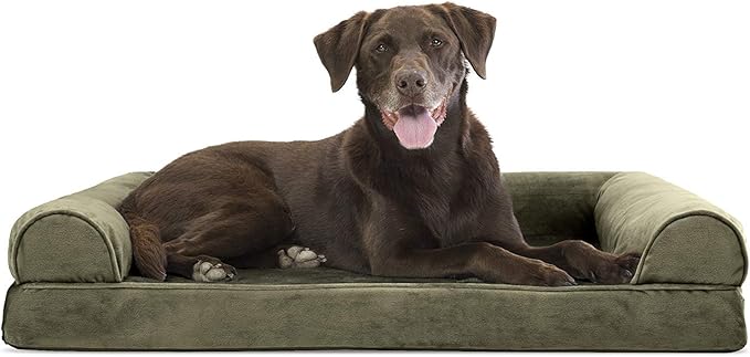 Furhaven Orthopedic Dog Bed for Large/Medium Dogs w/ Removable Bolsters & Washable Cover, For Dogs Up to 55 lbs - Faux Fur & Velvet Sofa - Dark Sage, Large-PurrikoPets