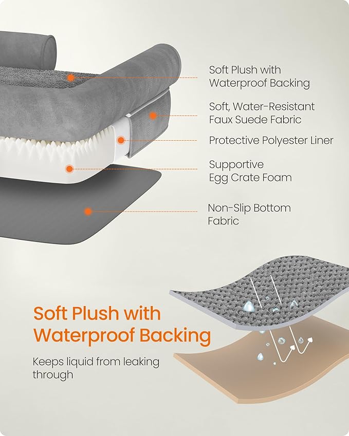 Feandrea Orthopedic Dog Bed, Large Dog Bed Waterproof, Removable Washable Cover Sofa with Non-Slip Bottom, Raised Edges, 48 x 33 x 8 Inches, Light Gray UPGW078G02V1-PurrikoPets
