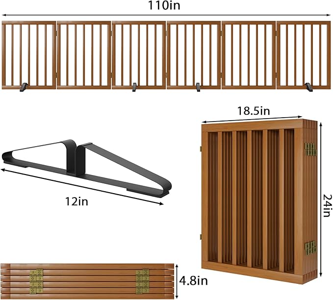 Freestanding Pet Gate Foldable Dog Gate (110 inches Wide) Walnut Bamboo Dog Gates for Stair Doorways House Puppy Fences Indoor (4 Support Feet Included)-PurrikoPets