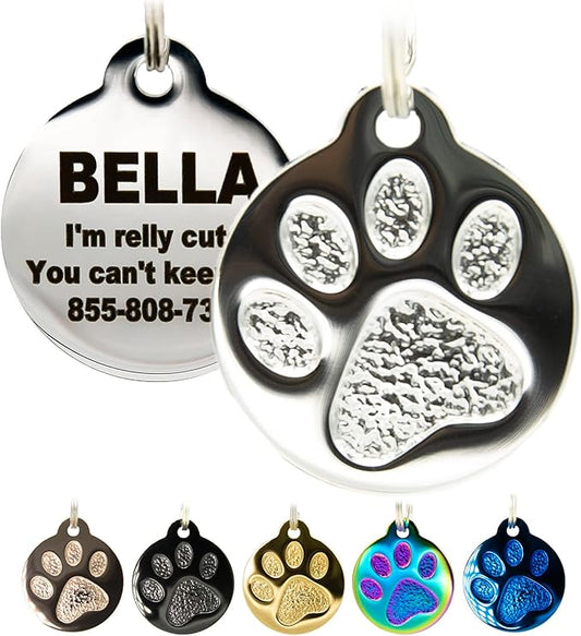 Engraved Pet Tag for Dogs and Cats - Personalized Front & Back up to 4 Lines of Text Custom Engraved ID, Round Paw Print Solid Plating Stainless Steel Silver Regular-PurrikoPets