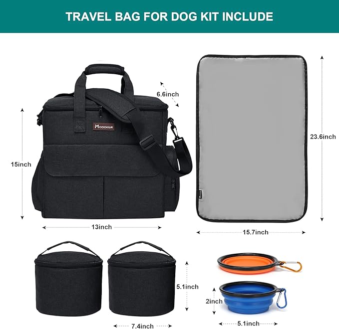 Dog Travel Bag by Modoker - Dog Travel Kit for a Weekend Away Set Includes Pet Travel Bag Organizer for Accessories, 2 Collapsible Bowls, 2 Travel Food Container (Black)-PurrikoPets