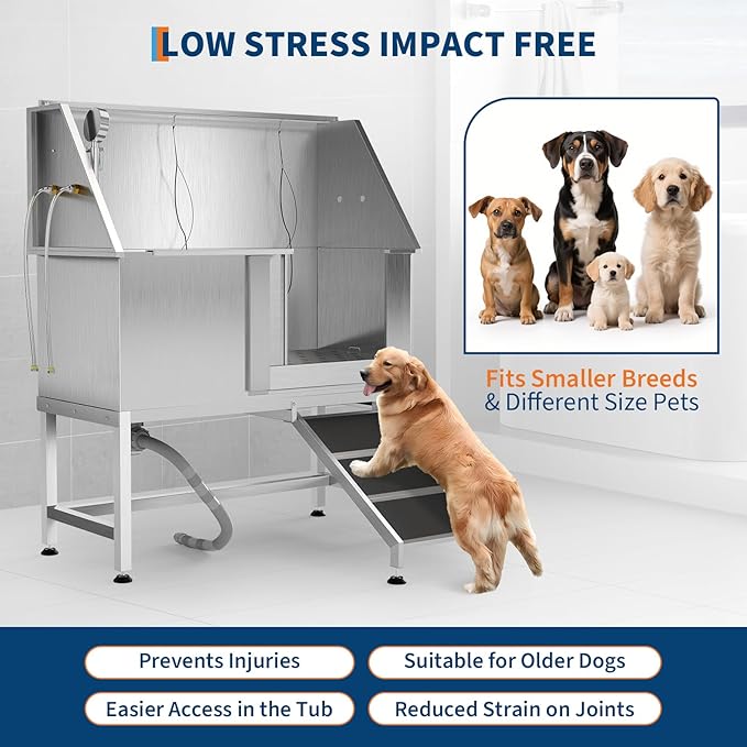 50" Stainless Steel Professional Dog Washing Station - Pet Bathing Tub w/Non-Slip Ramps | Slip-Resistant Floor Grate | for Large/Medium/Small Dogs-PurrikoPets