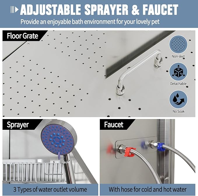 50" Dog Washing Station, Professional Stainless Steel Dog Bathing Station, Equipped/W Three Anti-Slip Steps, Removable Door, Upgraded Spray Nozzle&Hose - for Home, Pet Grooming Salon (50" Right ramp)-PurrikoPets