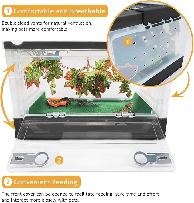 Foldable Reptile Terrariums Kits with Plant, Feeding Bowl, Carpet, Easy to Carry, Easy to Move with Wheels, Heat-Resistant Material, Suitable for Lizard Tortoise Leopard Gecko (Black)-PurrikoPets