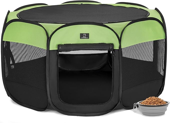 A4Pet Puppy Playpen Indoor, 39.5” Portable Pet Playpen with Bowl, Suitable for Puppies, Kittens, and Small Animals, Removable Zipper & Mesh Panel(16”W × 10”H)-PurrikoPets