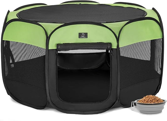 A4Pet Puppy Playpen Indoor, 39.5” Portable Pet Playpen with Bowl, Suitable for Puppies, Kittens, and Small Animals, Removable Zipper & Mesh Panel(16”W × 10”H)-PurrikoPets