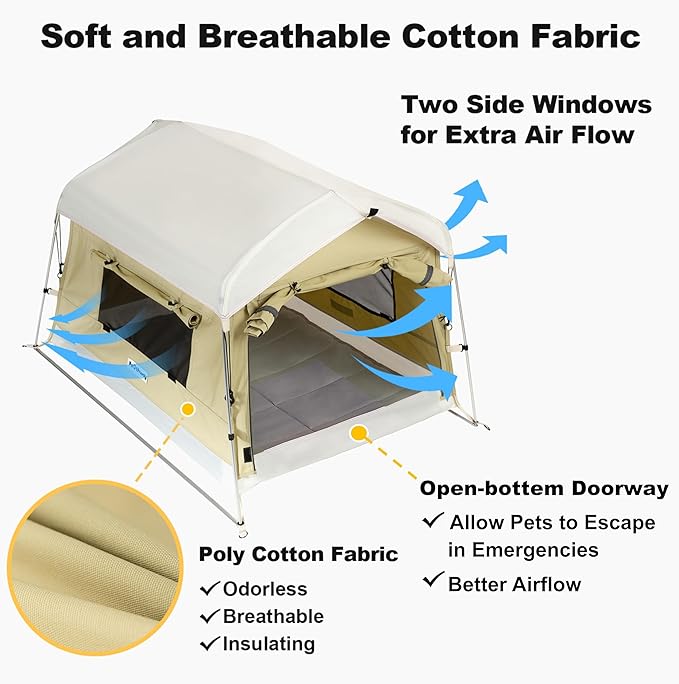 Dog Tent Cotton Fabric, Aluminum Poles and Camping Mat, Outdoor Weatherproof, Dog House Outdoor, Breathable with 2 Side Windows, Portable and Collapsible (Green, Large)-PurrikoPets