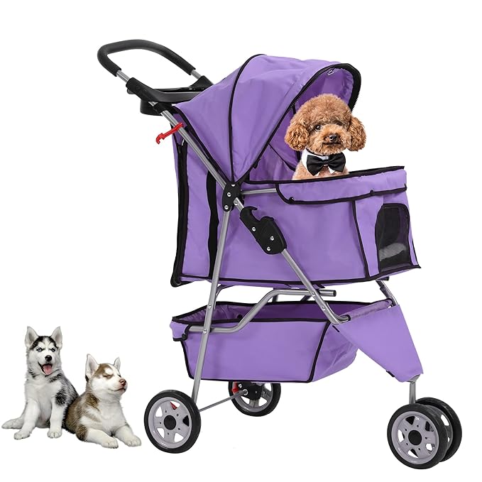 Dog Stroller,3 Wheels Travel Folding Pet Strollers for Small Medium Dog Cat Jogger Stroller with Storage Basket Removable Liner Purple-PurrikoPets