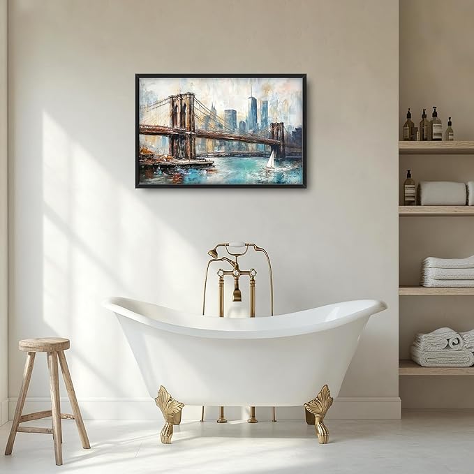 Extra Large Framed Brooklyn Bridge Wall Art,New York City Wall Decor,Abstract Skyline Cityscape Pictures for Living Room,Canvas Print Painting Modern Artwork Bedroom Office Bathroom 36L x24W-PurrikoPets