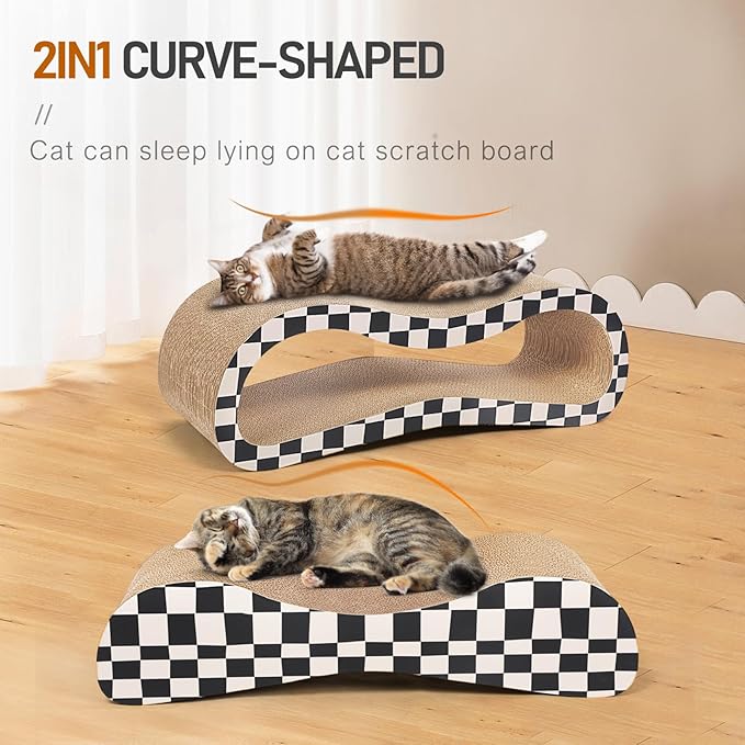 2 in 1 Cat Scratcher Cardboard Lounge Bed, Cat Scratching Post, Durable Board Pads Prevents Furniture Damage,Large,Checkerboard-PurrikoPets