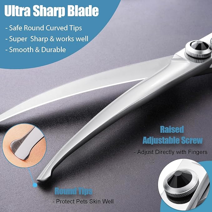 Dragon Creek 8" Downward Curved Dog Grooming Scissors Shears for Grooming Face and Paws Safety Round Tips Shears Trimming Cutting Scissors for Dog Cat Pet Black-PurrikoPets