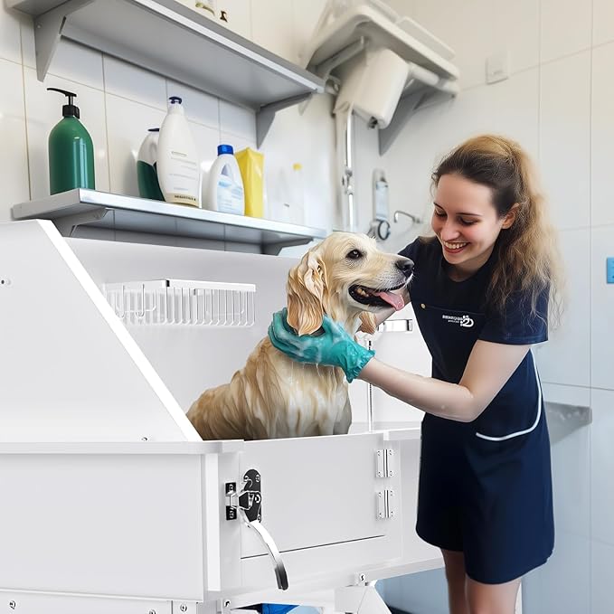 Dog Washing Station for Home, 38" White Professional Stainless Steel Dog Grooming Tub, Height Adjustable Dog Bathing Station, Upgrade Parts, Dog Bath Tubs for Small & Medium Dogs(Left Ramp)-PurrikoPets