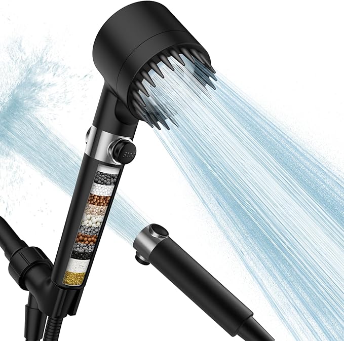 Filtered Shower Head with Handheld, High Pressure 3 Spray Mode Showerhead with 18 Stage Water Softener Filters for Hard Water - Remove Chlorine-BLACK-PurrikoPets