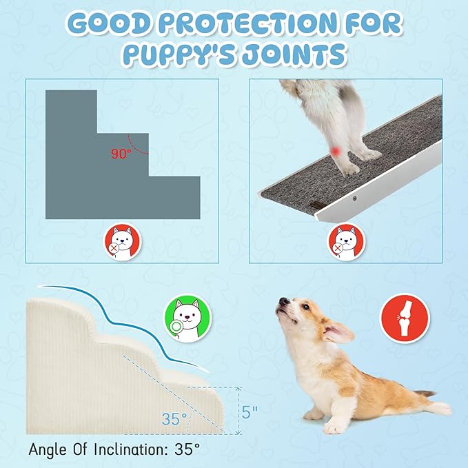 Dog Steps for Small Dogs, 3-Step Pet Ramp Stairs for High Beds and Sofa, Non-Slip Pet Stairs for Small Dogs and Cats, Removable and Easy to Clean Cover, Beige-PurrikoPets