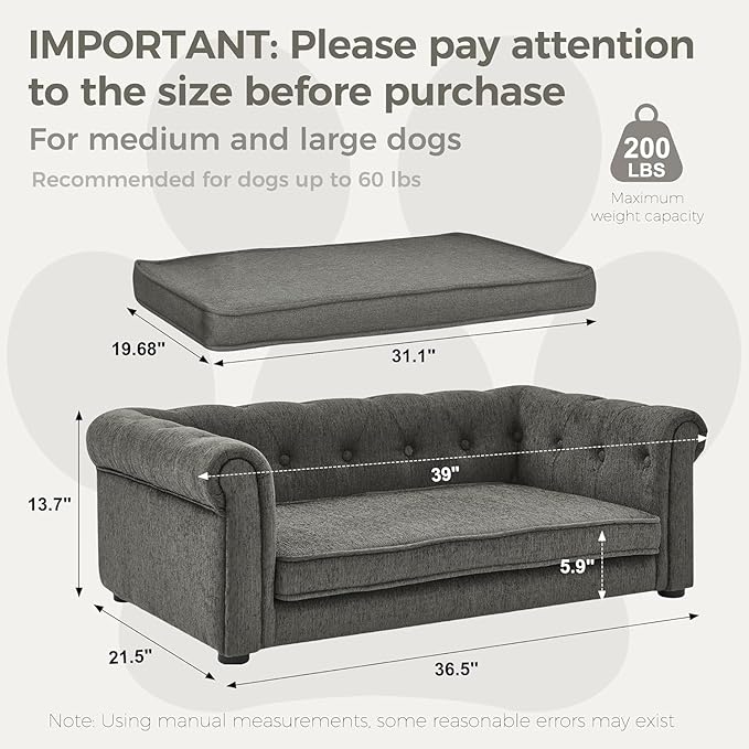 Dog Sofa Couch for Medium Dogs, 31" Memory Foam Dog Couch with Washable Fabric, Removable Cushion, Sofa Bed for Medium Dogs, Grey-PurrikoPets