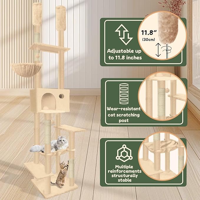 96.5"-108" Cat Tree Floor to Ceiling 7-Tier Cat Tower Adjustable Height with Scratching Posts, Cozy Hammock, Cat Condo for Indoor Cats(Beige)-PurrikoPets