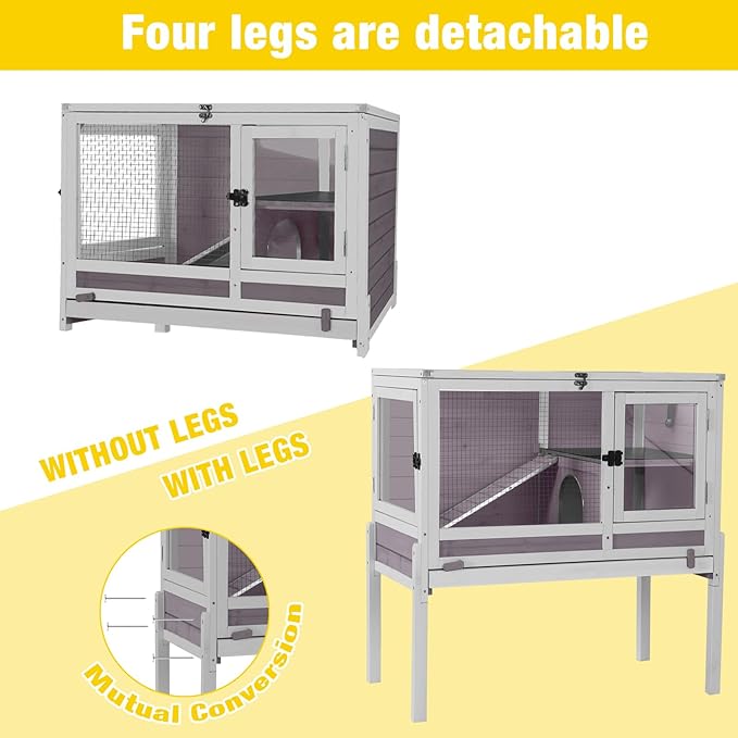 Aivituvin 2-Story Rabbit Hutch with Anti-Chew Ramp & Zinc Sheet - 36.6" Indoor Guinea Pig Cage, Wooden Stand, Pull-Out Tray & Leakproof Floor (Grey)-PurrikoPets