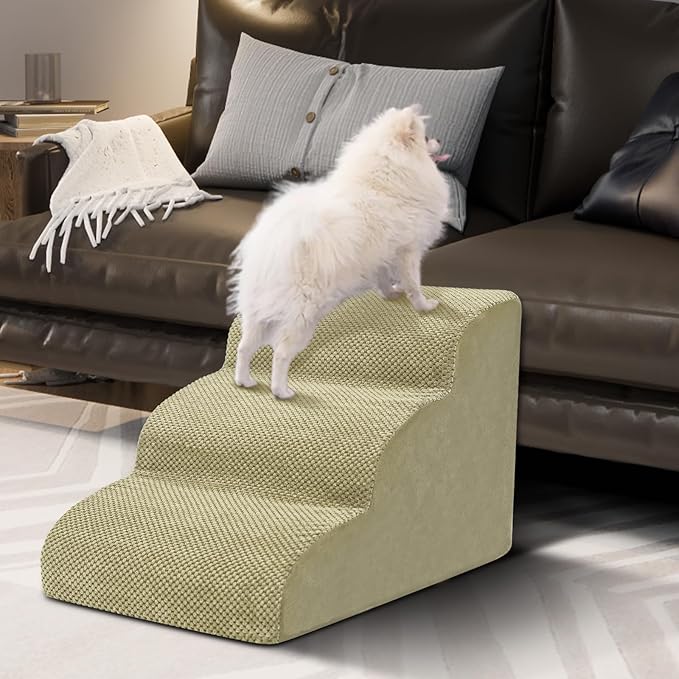 Dog Stairs for Small Dogs - High Density Foam Pet Steps, Extra Wide Dog Ramp with Non-Slip Bottom for High Beds, Couch and Sofa, Best for Dogs Injured, Older Doggy Cats,3 Steps, Camel-PurrikoPets