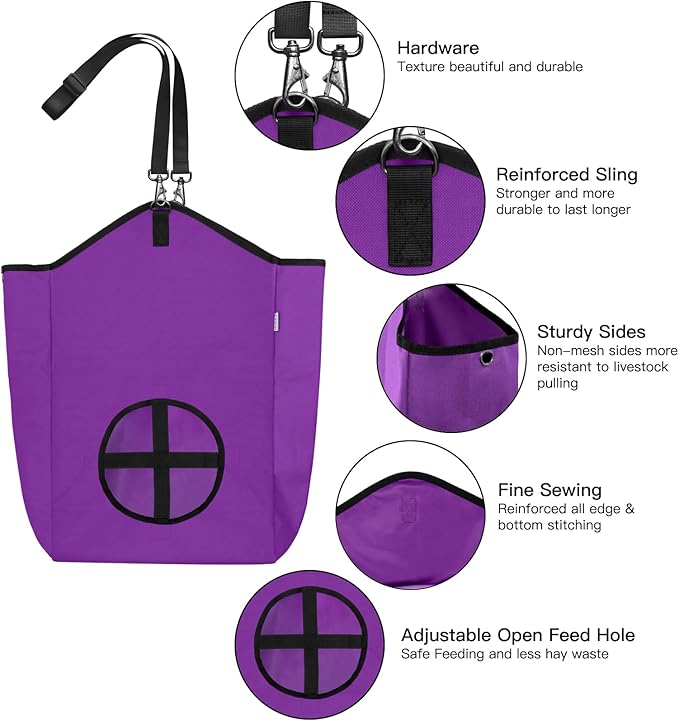 3 Packs Goat Hay Feeder,Hay Bags for Goats,Horses,Sheep,Premium 600D Oxford Cloth,with Metal Fastener and Adjustable Open Feed Hole for Slow Feeding. (2Purple + 1Black)-PurrikoPets
