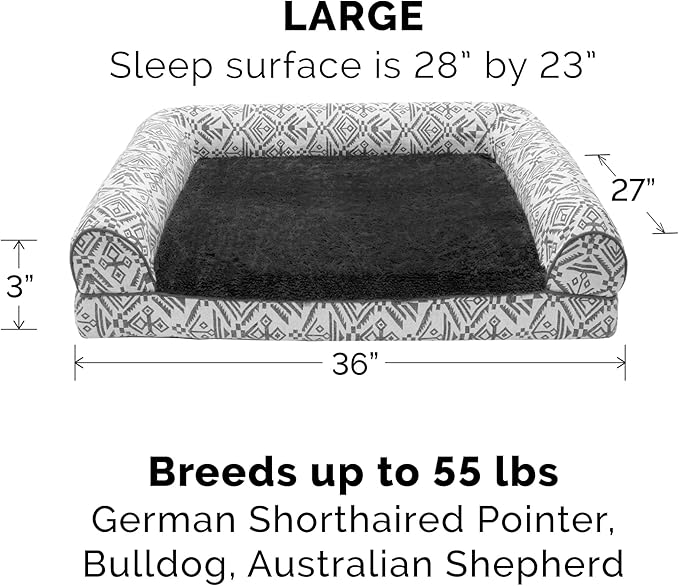 Furhaven Orthopedic Dog Bed for Large/Medium Dogs w/ Removable Bolsters & Washable Cover, For Dogs Up to 55 lbs - Plush & Southwest Kilim Woven Decor Sofa - Boulder Gray, Large-PurrikoPets