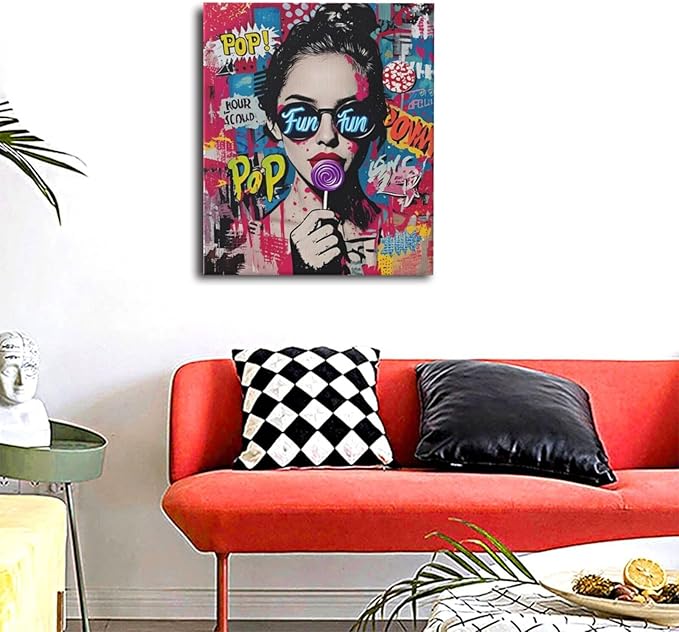 Fashion Women Wall Art Glam Modern Artwork for Girls Banksy Street Graffiti Pop Art Canvas Pictures Painting Print Framed Decorations Gifts for Bedroom Living Room Office 20"x24"-PurrikoPets