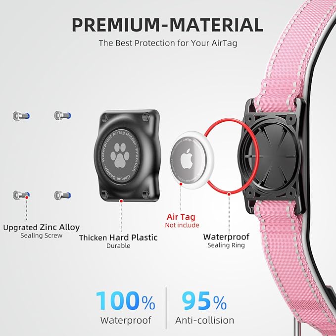 Airtag Dog Collar - 100% Waterproof Air tag Dog Collar Holder for Apple AirTag, Reflective, Soft Padded, Everlasting, GPS Dogs Collar for Small Medium Large Dogs (Pink, M)-PurrikoPets