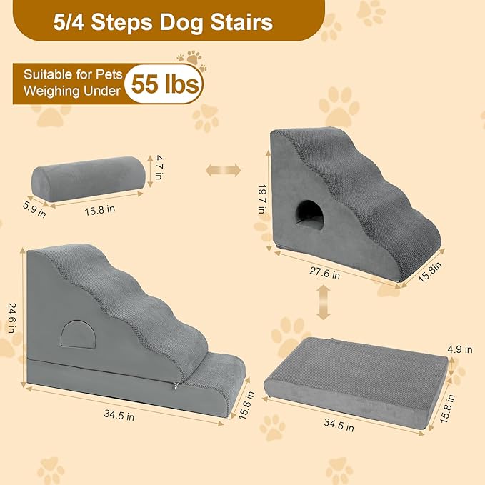 Dog Stairs for Small Dogs 24.6" H, 5-Step Dog Steps for High Bed, High-Density Foam Curved Pet Stairs with Non-Slip Removable Washable Cover to Get on Bed-PurrikoPets
