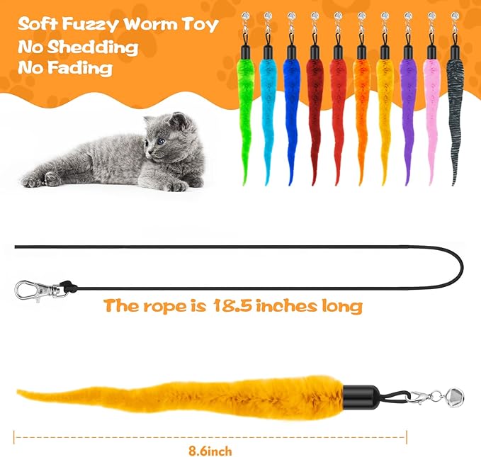 10PCS Cat Worm Toy, Cat Wand Attachment Fuzzy Worm Toys Refill with 1PCS Black String for Wand Replacement, Interactive Cats Kittens Toys for Indoor-PurrikoPets