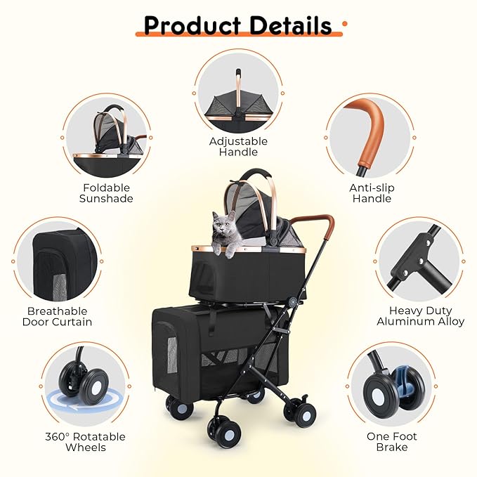 Double Pet Stroller for Small Medium Dogs - 4 In1 Dog Stroller for 2 Pets, Detachable and Foldable with 360°Rotating Wheels, Easy Assembly and Compact Size-PurrikoPets