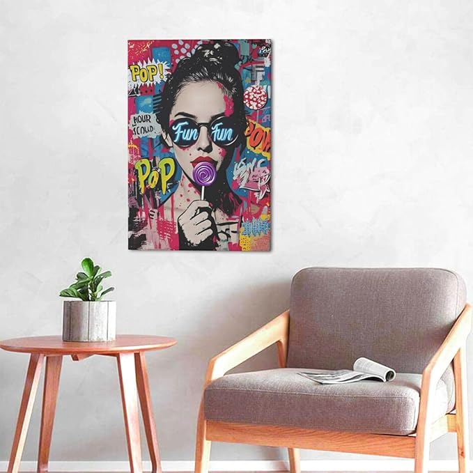 Fashion Women Wall Art Glam Modern Artwork for Girls Banksy Street Graffiti Pop Art Canvas Pictures Painting Print Framed Decorations Gifts for Bedroom Living Room Office 16"x24"-PurrikoPets