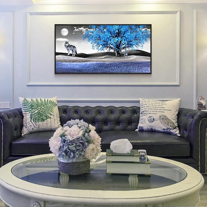 Framed Canvas Wall Art For Living Room Family Wall Decorations For Bedroom Modern Office Wall Decor Paintings Blue Tree Landscape Pictures Artwork Canvas Art Prints Home Decor Black Frame 20" X 40"-PurrikoPets