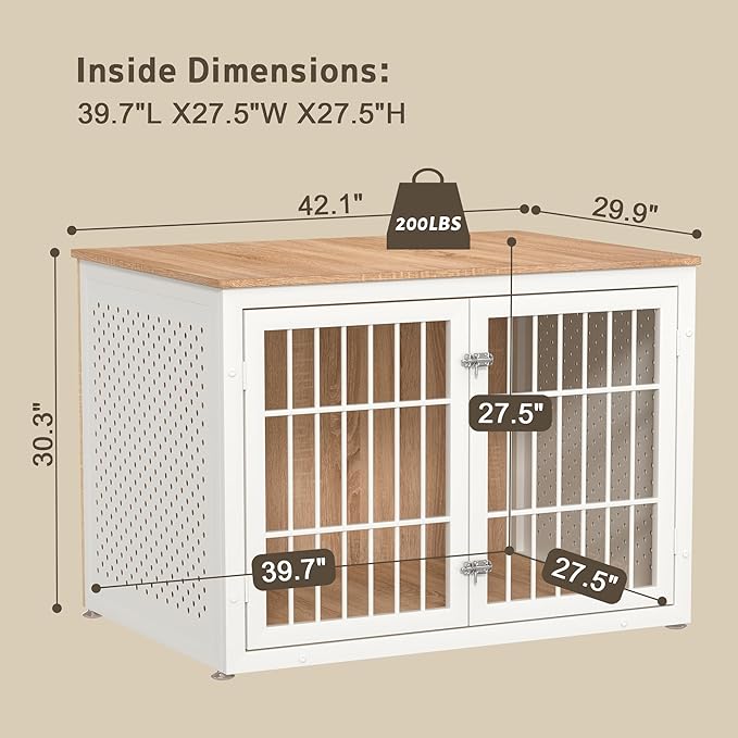 42" Heavy Duty Dog Crate Furniture for Large Dogs, Metal Kennel for High Anxiety Dogs, White Wooden Cage Furniture Indoor, Decorative Dog Kennel End Table, XL-PurrikoPets