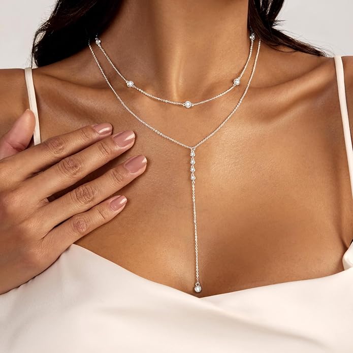 Lariat Silver/Gold Necklace for Women 925 Silver/14K Gold Plated Dainty Long Necklace Y-Shaped Drop Pendant Necklaces Choker Trendy Chain Simple Layered Necklaces CZ Jewelry for Women Set Gift