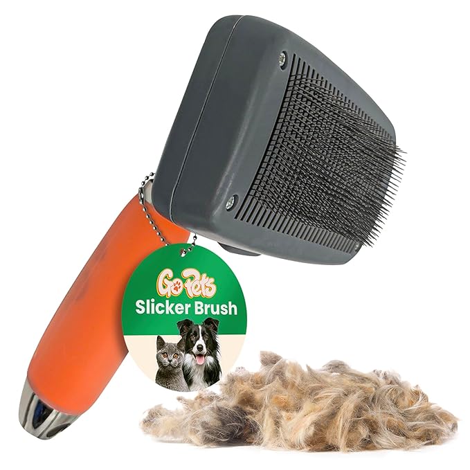 GoPets Self-Cleaning Slicker Brush for Dogs & Cats, Deshdding & Dematting Comb with Retractable Bristles for Easy Cleaning, Undercoat Grooming Tool, Non-Slip Handle, Detangler for Mats & Loose Pet Fur-PurrikoPets