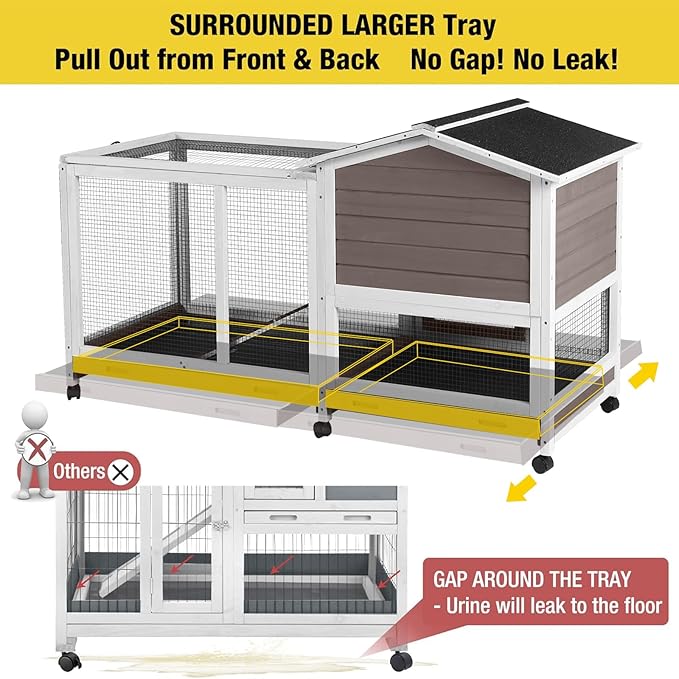 Aivituvin Rabbit Hutch 62" Rabbit Cage Indoor Outdoor Chicken Coop Guinea Pig Cage on Wheels Bunny Cage with 3 Deep No Leakage Pull Out Tray,Waterproof Roof (Brown)-PurrikoPets