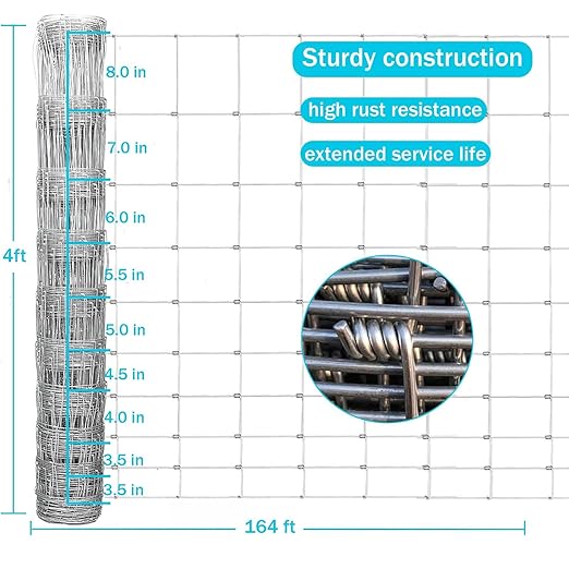 Farm Fence, 4ft x 164ft Galvanized Wire Fencing, Cattle Fence, Deer Fence, Heavy Zinc Coating Farm Fence Used to Hog Goat Fencing for Yard Garden and Field-PurrikoPets