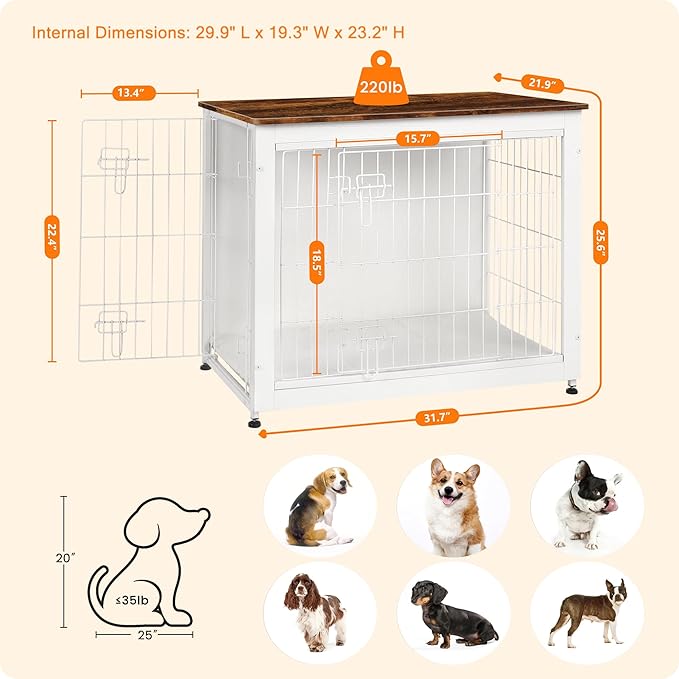 DWANTON Dog Crate Furniture with Cushion, Wooden Kennel Table with Double Doors, Indoor Dog House, Medium Size, 32.5" L, White+Rustic Brown-PurrikoPets