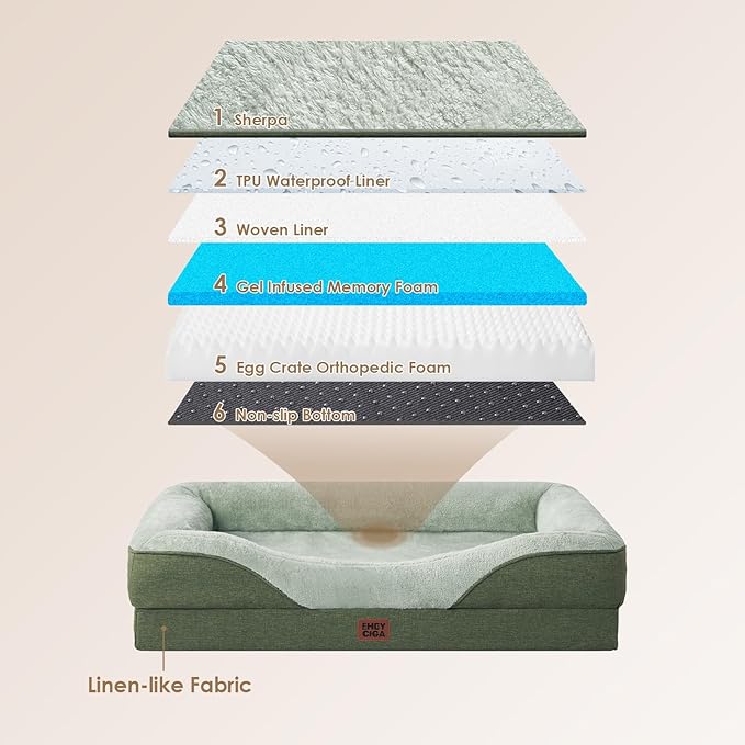 EHEYCIGA Memory Foam Dog Bed for Large Sized, Orthopedic Dog Sofa with Sides and Waterproof Liner, Washable Bolster Pet Couch with Removable Cover, 41x27x7.5 Inch, Green-PurrikoPets