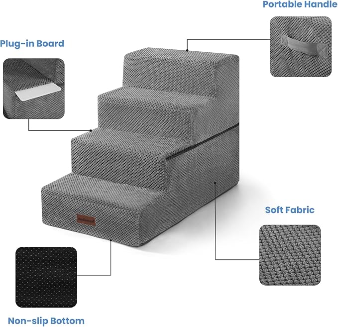 Dog Stairs for Bed 18.5" H, 4-Step Dog Steps for Small Dogs and Cats, Indoor Non-Slip Balanced Pet Stairs are Suitable for Puppy, Older Cat,Gery-PurrikoPets