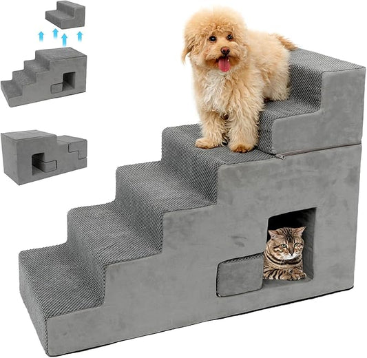 Dog Stairs for Small Dogs 27”H, 6-Step Dog Steps for High Bed, High-Density Foam Pet Stairs with Non-Slip Removable Washable Cover to Get on Bed-PurrikoPets