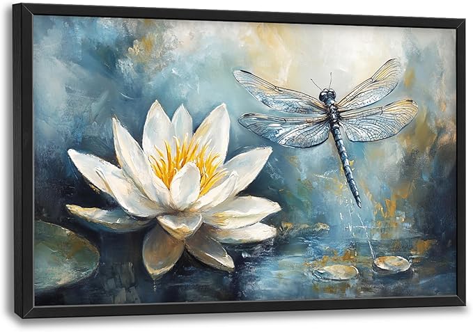 Extra Large Lotus Dragonfly Framed Wall Art for Living Room,Abstract Blue Lotus Flower Lake Pictures Wall Decor,Nature Canvas Print Painting Modern Artwork Bedroom Office Bathroom 36L" x 24W"-PurrikoPets